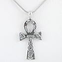 Egyptian Ankh or Key of Life Pendant with Hieroglyphics in Sterling Silver on an 18" Sterling Silver and Rhodium Snake Chain, #8703