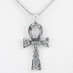 Egyptian Ankh or Key of Life Pendant with Hieroglyphics in Sterling Silver on an 18" Sterling Silver and Rhodium Snake Chain, #8703