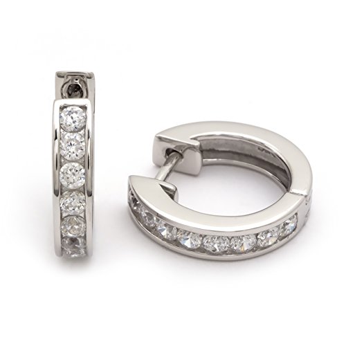 Sterling Silver Channel Set CZ 15mm Hoop Earrings