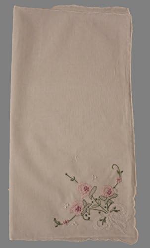 Ladies White Handkerchief with Pink Embroidered Flowers.