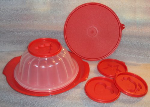 Tupperware Jel-Ring Jello Mold with Holiday Shape Seals, Red