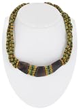 Necklace Wood Bead Brown Yellow Green Tribal Horn Multi Strand
