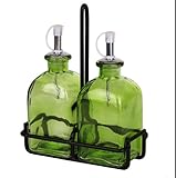 Roman Olive Oil & Vinegar Green Glass Bottle Tabletop Kitchen Set - G54 Set of 2, Green Colored Glass Olive Oil & Vinegar Spout Bottle Dispenser w/ Spout ~ Pourer ~ Cruet ~ Drizzler Set with Black Rod Iron Stand for Tabletop, Bar Top, Kitchen Counter or Patio.