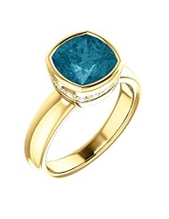 18K Yellow Gold 8.00x8.00mm Antique Cushion Cut London Blue Topaz and Diamond Ring -- LIFETIME WARRANTY