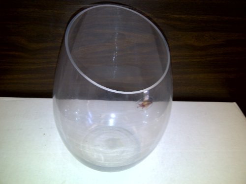 TBC Unique Round Glass Vase with Slant Cut Top: Height: 10 inch, Slant Opens: 6". Beautiful for Flowers, Floating Flowers, Candles or Great Ice Bucket. Decorate with Decorative Gem Stones, River Rocks, and LED Lights.