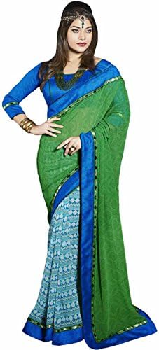 Pagli Women's Half Georgette Printed Saree Free Size Green/Blue