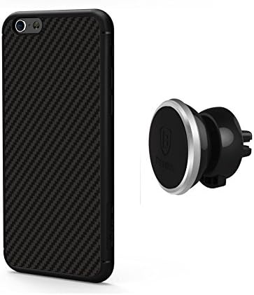 JUNCH iPhone 6/6s Plus Case + Car Mount, [Carbon Fiber] Synthetic Fiber Premium Bumper Case Cover for iPhone 6/6s Plus 5.5 Inch Black With Universal Air Vent Magnetic Car Mount Holder