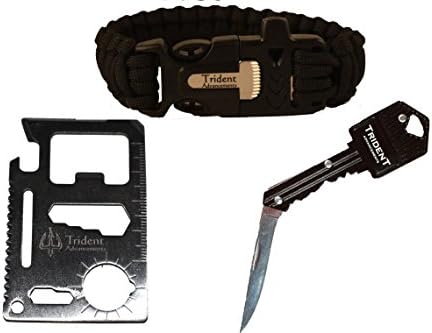 550lb Paracord Bracelet Key Knife 11 in 1 Multi Tool - Trident Advancements - BlackKey Bundle - 3 Items - Military Grade Parachute Cord Whistle Flint Fire starter EDC Outdoors Self Defense Concealed