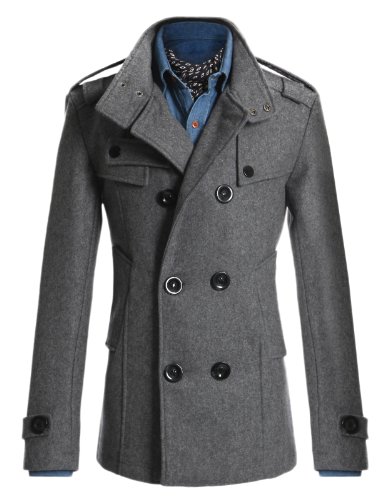 Doublju Mens Casual Double PEA Wool Half Trench Coat Jacket GREY(868) Bestseller