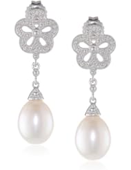Sterling Silver 9.5-10mm Freshwater Cultured Pearl and Diamond Drop Earrings, (0.04 cttw, G-H Color, I2-I3 Clarity)