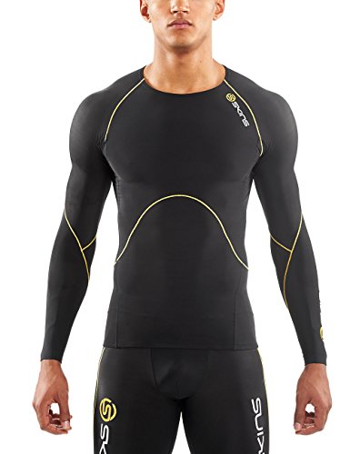 SKINS Men's A400 Compression Long Sleeve Top, Black/Yellow Logo Line, X-Large