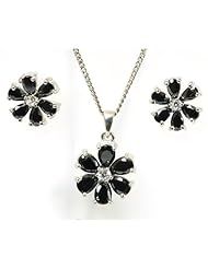 925 Silver Black & CZ Flower Pendant & Earring Set
