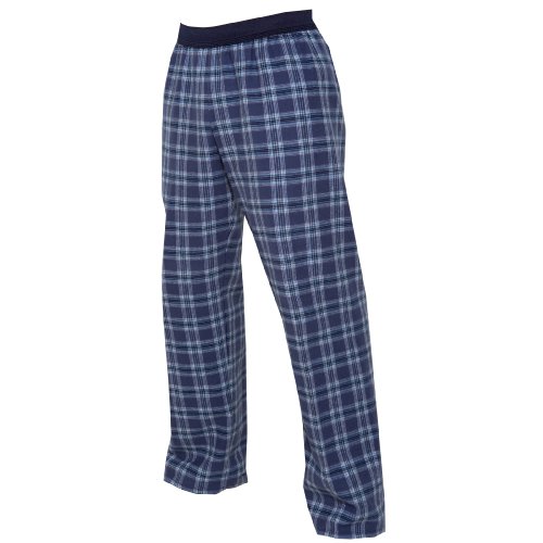 Royal (French) Blue and White tartan plaid check flannel cotton pants for lounging, sleep, sports. Unisex relaxed fit, available in 5 Adult sizes, exposed elastic waist
