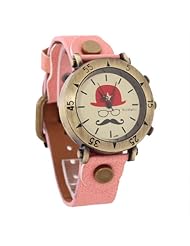 HACBIWA Women Lady Girl Retro Cartoon Mustache Red Letheroid Big Dial Wrist Watches