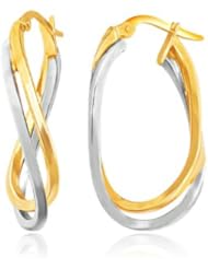 14K Two Tone Gold Flat Polished Entwined Oval Hoop Earrings
