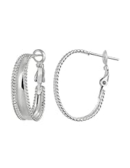 Sterling Silver Small Polished and Beaded Border Oval Clutchless Hoop Earrings