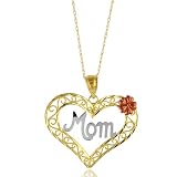 10K Three-tone Gold Diamond Cut, Filigree Design MOM Heart Necklace - 18