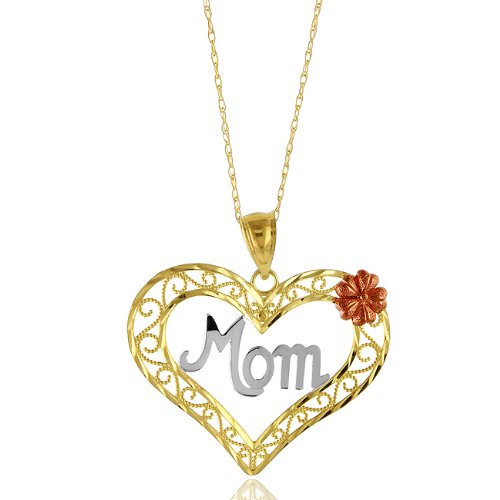10K Three-tone Gold Diamond Cut - Filigree Design MOM Heart Necklace - 18