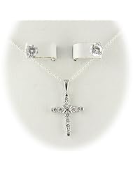 Round CZ Cross Sterling Silver Pendant 18" Cable Chain Earrings