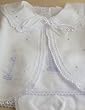 Newborn Layette. Diaper Shirt Set(3pcs.). Infant hand embroidered wear. White Batiste. Blue embroidery