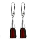 Black Cherry Amber and Rhodium Plated Sterling Silver Leverback Modern Earrings