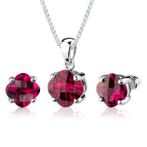 Classic Delight: 10.00 carat Checkerboard Lily Cut Ruby Pendant Earring Set in Sterling Silver Rhodium Finish