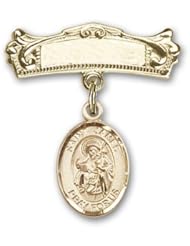 14K Gold Baby Badge with St. James the Greater Charm and Arched Polished Badge Pin