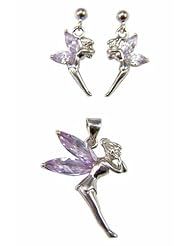 Kala-isjewels- Silver Sterling Ladies Lavender Cz color Fairies Pendant(1") and Earrings (0,78" )Set .