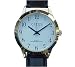 Easy to read watch with magnifier.Handsome gold tone case with black leather band 1.5 inches diameter. Man's size.