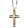 Stainless Steel Two Tone Cross With Coiled Gold Cable Inserts on 24 inch Polished Ball Chain