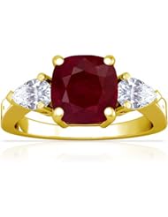 18K Yellow Gold Cushion Cut Ruby Three Stone Ring