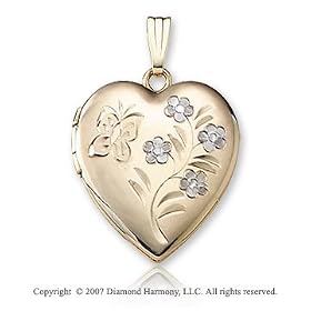 White Flower Butterfly Heart 14k Two Tone Gold Locket