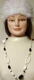 Sterling Silver Plated with White and Black Beads Long Chain Necklace Earrings for Women and Teens Offered with Hand Crocheted Acrylic White Fun Fur Skull Cap