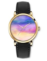 SPRAWL Aanalog Fashion Series Gold Ladies Watches of Genuine Black Leather Strap,Unique Wrist Watch for Women Girls Designed with Pigeons on colorful sky