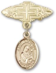 Gold Filled Baby Badge with St. Gertrude of Nivelles Charm and Badge Pin with Cross