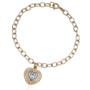 Buy 18k Yellow Gold Overlay Sterling Silver Blue Topaz and Diamond Heart Charm Bracelet, 7.25