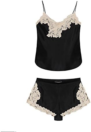 YIGELILA Women Sexy Real Silk Lace Embroidery Pajama Suits of 2 Black Large 881