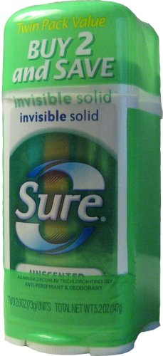 Sure Invisible Solid  Anti-Perspirant and Deodorant  Twinpack, Unscented, 5.2-Ounces (Pack of 4)