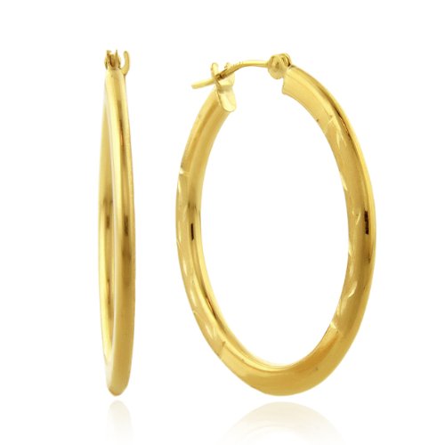 Polished And Diamond Cut Designer Hoop Earrings in 10K Yellow Gold