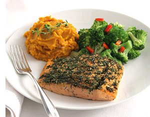 Herbed Salmon w Butternut Squash & Broccoli & Red Peppers by Schwans