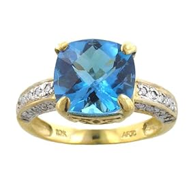 Square-Cut Blue Topaz Ring with Channel-Set Diamonds in 10K Yellow... by