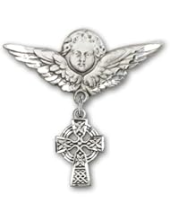 Sterling Silver Baby Badge with Celtic Cross Charm and Angel with Wings Badge Pin
