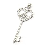 Designer Style Peace Sign & Heart Shaped Key Designed Fine Sterling Silver Key Pendant Necklace with Rhodium Plated adorned with Swarovski Crystal (come with 16 or 18 Italian Sterling Silver Chain)