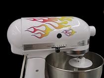 Classic Mix Flame Decal Kit red, orange, and yellow with blue trim, designed to fit all KitchenAid stand mixers, including Classic, Artisan, and Professional 600, without accessory interference. Eligible for FREE Super Saver Shipping on orders over $25.00.