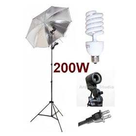 Ardinbir Studio 200W Photo Black/Silver Reflective Umbrella kit with Continuous Light, Socket and Stand