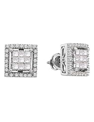 1 cttw 14k White Gold Diamond Round and Princess Cut Invisible Set Earrings Unisex (Real Diamonds: 1 cttw)