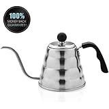 Planetico Pour Over Coffee & Tea Kettle - Ergonomic Designed Drip Pot w/Gooseneck & Narrow Spout, Brushed Stainless Steel - Solid - Ideal w/Stovetop, Gas, IR - For Home, Office & Camping - 1.2 L/40 Oz