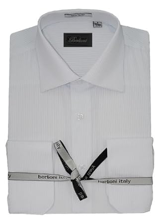 Italian Modern Men's Business Dress Shirt Spread Collar 100% Cotton Wrinkle Free Poplin Long Sleeve Convertible Cuffs Narrow Stripe White