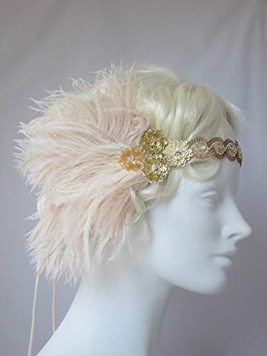 Champagne Taupe And Gold Ostrich Feather Flapper Headband, Gatsby Headband, Roaring 20's