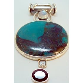 Teal Agate with Moonstone and Garnet Accents Pendant by Moonstone Birthstones